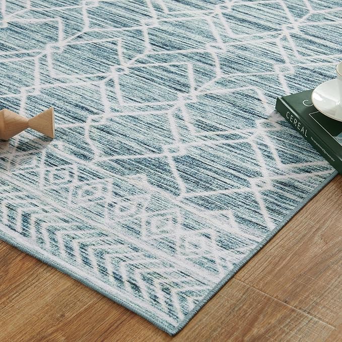 jinchan Moroccan Runner Rug 3x10 - Kitchen Machine Washable Runner Rug Modern Geometric Low-Pile Lightweight Non-Slip Carpet for Entryway Hallway Laundry Room Bedroom Bedside (3x10ft, Teal Blue)