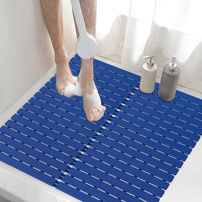 Shower Mat Non-Slip Bath Mat for Tub and Shower Stall,200+ Suction Cups with Drain Holes, Quick Dry Machine Washable, Extra Grip for Stand Up Showers, Bathroom Essentials 24x24 Inch (Blue)