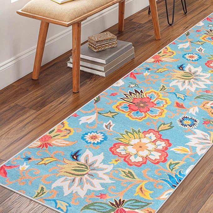 Beeiva Floral Washable Kitchen Runner, Vintage Colorful 2.5x10 Rug Runners for Hallways Non Slip Ultra Thin, Printed Distressed Laundry Room Carpet for Bedroom Bathroom
