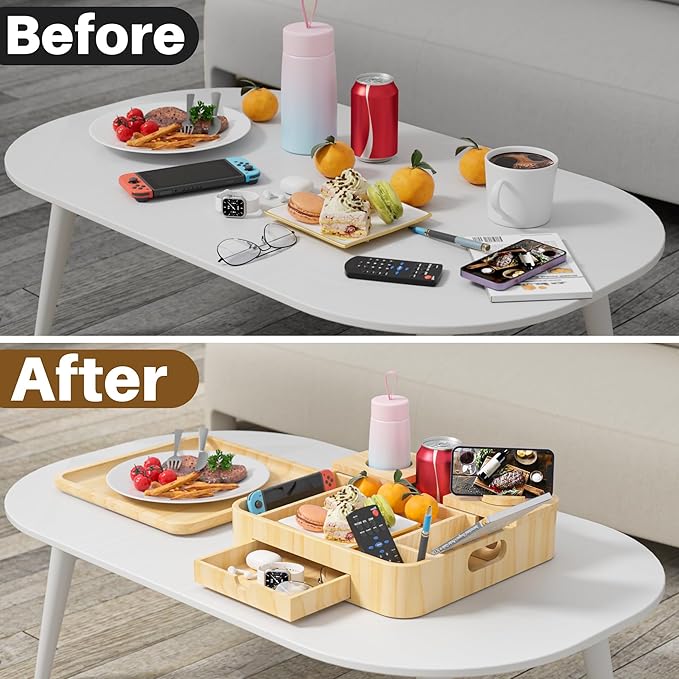 Couch Cup Holder, Couch Caddy Car Cup Holder Tray Serving Tray Large Capacity Multi-Surface Wooden Trays for Bed, Car, Picnic, Drinks, Snacks, Remote, Cell Phone, Headphones (Solid Pine Wood)