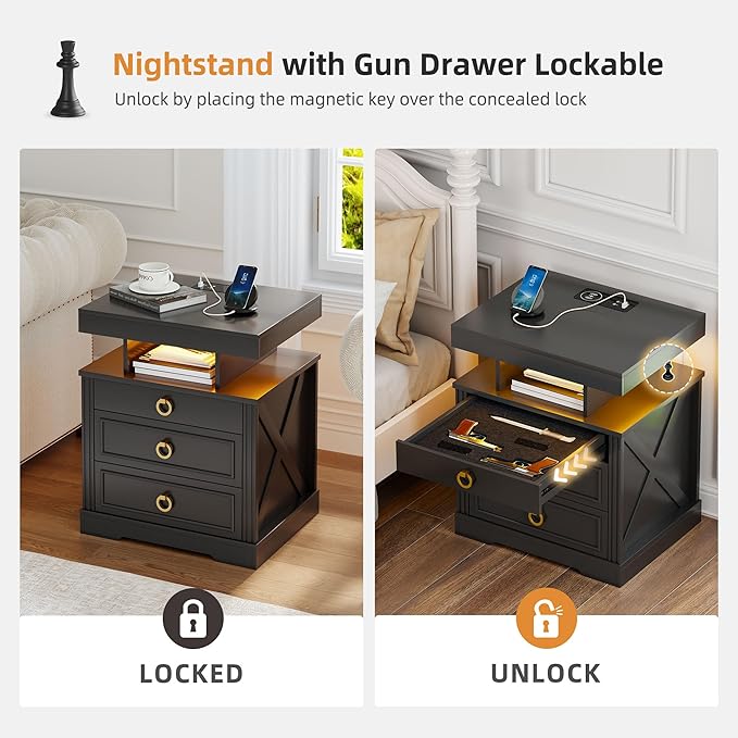 Gurexl Farmhouse Night Stand with Lockable Gun Drawer,LED Nightstand with Charging Station,Bedside Table with Human Sensor 3-Color Lights,End Table with 3 Drawers,Bedroom,Black