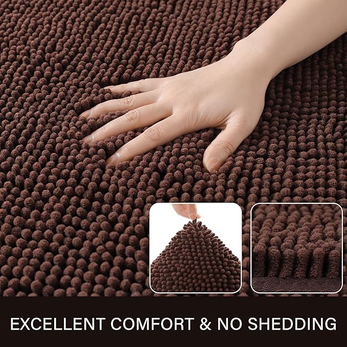 LOCHAS Luxury Bathroom Rug Shaggy Bath Mat 24 x 36 Inch, Washable Non Slip Bath Rugs for Bathroom Shower, Soft Plush Chenille Absorbent Carpets Mats, Brown