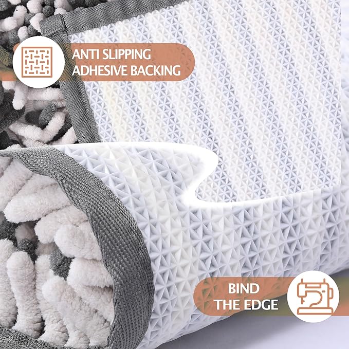 Bathroom Rugs Runner Mats 2 Piece Long Sets Bath Rug Extra Absorbent Chenille Kitchen Mat Set Non Slip Striped Machine Washable Quick Dry Tub Shower Accessories 47x20+24x17 Inch, Grey White