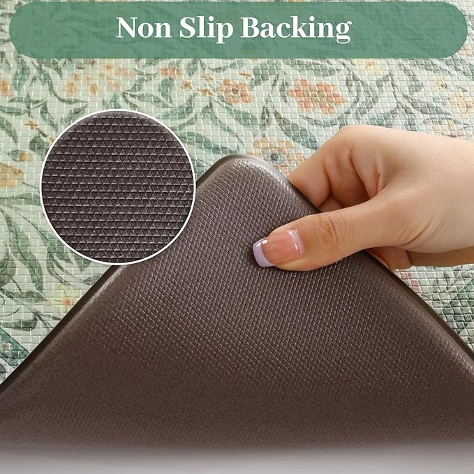 KIMODE Kitchen Mats Cushioned Anti Fatigue 20"x39", Green Floral Kitchen Mats for Floor, Padded Kitchen Floor Mats Non Slip, Standing Mat for Laundry Office Sink Desk
