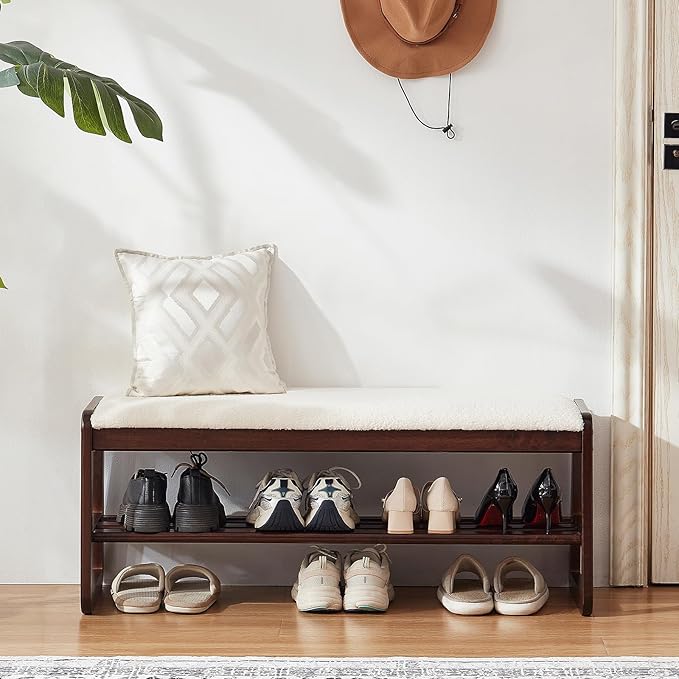 Shoe Rack Bench,2 Tier Wooden Entryway Bench with Shoe Storage, Shoe Rack with Cushion for Living Room, Hallway(Cream White, 39.4")