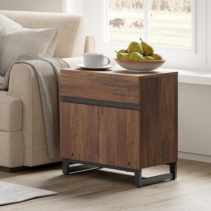 WAMPAT 2 Pack Modern End Table with 1 Drawer & 1 Storage Cabinet, Farmhouse Sofa Table with 2 Open Door, Wood Rustic Side End Table for Living Room, Nighstand for Bedroom, Brown