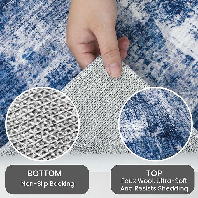 IOHOUZE Abstract Runner Rug 3x18 Ft Washable Runners for Hallways, Non Slip Kitchen Runner Printed Faux Wool Entryway Runner Indoor, Modern Abstract Floor Carpet for Hall Stair, Navy/Grey