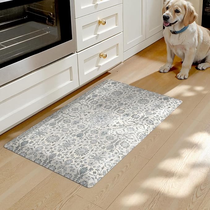 Collive Kitchen Mats Cushioned Anti Fatigue 17.3''x28'', Non Slip Waterproof Kitchens Sink Rug Vintage Boho Floral Rugs, Comfort Ergonomic Foam Standing Desk Mat for Floor, Home Office, Light Blue