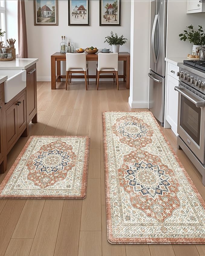 DEXI Kitchen Floor Mats Anti Fatigue, 17x29+17x59 Large Cushioned Runner Rug Waterproof, Standing Comfort Memory Foam Padded for Front Sink Laundry Office Set of 2, Orange and White
