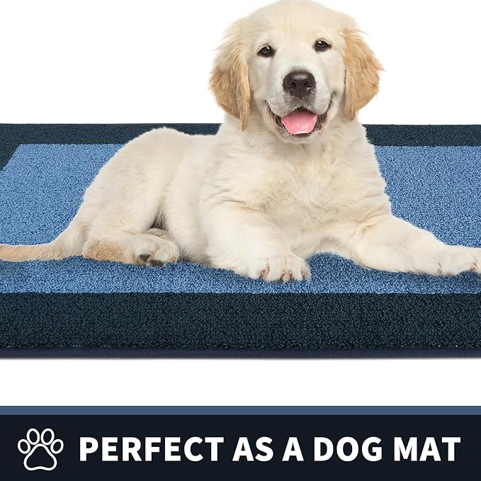 PURRUGS Dirt Trapping Door Mat 24" x 70", Non-Slip/Skid Machine Washable Entryway Rug, Shoes Scraper, Throw Rug, Super Absorbent Area Rug for Muddy Wet Shoes and Paws, Light Blue & Navy