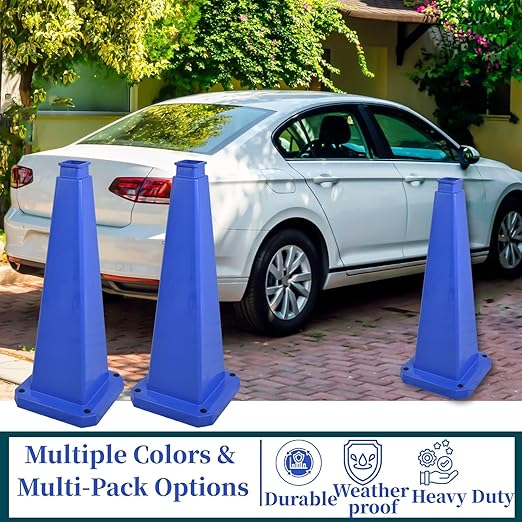 BESEA 3 Pack 28" Bright Blue Traffic Safety Cones with Weighted Base, High-Visibility Parking Cones for Driveways, Business Parking Lots, Garages, Indoor/Outdoor Use
