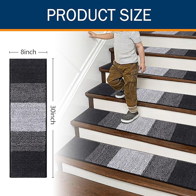 OLANLY Stair Treads Non Slip 15PCS, 8" x 30" Indoor Stair Runners for Wooden Steps, Edging Stair Rugs with Reusable Peel and Stick Adhesive for Kids Elders and Pets, Black