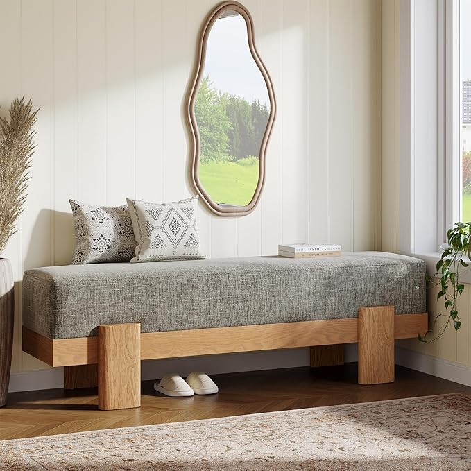 Tribesigns 55-Inch Upholstered Entryway Bench, Modern Shoe Bench with Fabric Padded Seat and MDF Frame, End of Bed Stool for Bedroom, Entrance, Living Room (Gray & Oak)