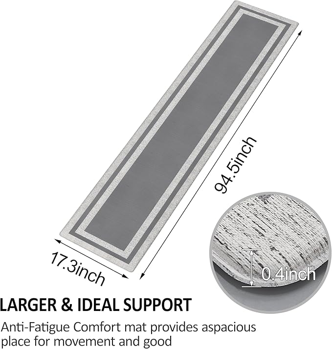 Kitchen Rugs Cushioned Anti Fatigue Kitchen Mats for Floor Ergonomic Comfort Standing Mat for Kitchen Non Slip Waterproof Memory Foam Kitchen Rug for Floor, Office, Laundry 17.3"x94.5" Grey