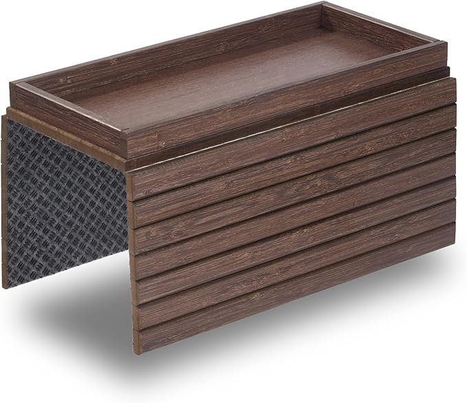 DETOR Couch Arm Tray with Spacious 12.4" x 5.4" Storage Box, Brown-Stained Bamboo Finish, Enhanced Non-Slip Felt Bottom, Sturdy Bamboo Slats, Fits Armrests 6" and Wider
