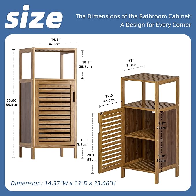 HITNET Bathroom Cabinet, Bamboo Floor Cabinet Free Standing, 4 Tier Sofa Side Storage Cupboard for Living Room Kitchen Bedroom, Walnut