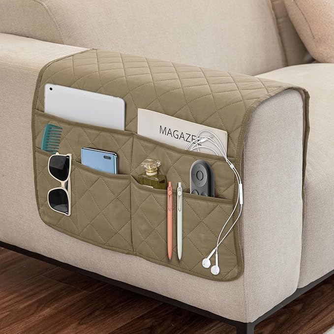 Remote Control Holder for Recliner,Armchair Caddy,Non Slip Sofa Armrest Storage Organizer for Recliner Couch with 6 Pockets for TV Remote,Cell Phone,Magazine (Beige)