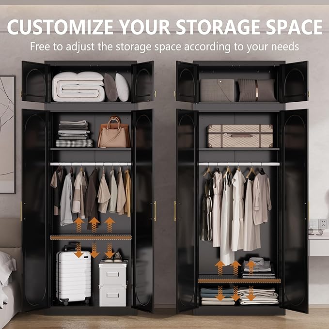 Metal Armoire Wardrobe Closet, 86 Inch Tall Freestanding Wardrobe Cabinet with Hanging Rod, Bedroom Armoires with Doors, 18" D x 32" W x 86" H, Black, Assemble Required, Shipped in Two Packages