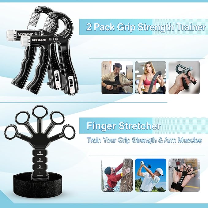 Grip Strength Trainer(5 Pack) with Finger Exerciser, Hand Grip Strengthener, Finger Stretcher,Grip Ring & Stress Relief Ball for Muscle Building and Injury Recover with Carry Bag