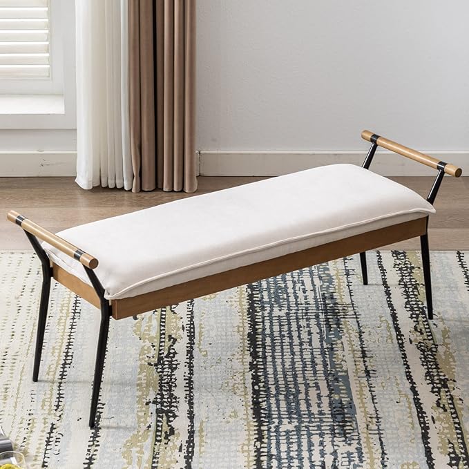LukeAlon Modern Chenille Entryway Bench, Upholstered End of Bed Bench with Arms Classic Bedroom Ottoman Bench with Metal Legs Elegant Footstool for Entrance Living Room, White