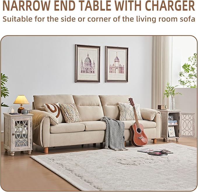 Narrow Side Table with Charging Station Set of 2, Night Stand with Glass Door,Bedside End Tables with Adjustable Shelf Storage Cabinet,Wood Nightstand for Small Spaces Living Room Bedroom