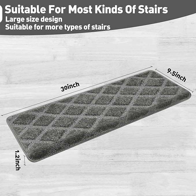 PURE ERA Bullnose Carpet Stair Treads Set Tape Free Non-Slip Indoor Stair Protectors Pet Friendly Rugs 9.5" x 30"(2 Pieces,Grey Diamond Trellis)