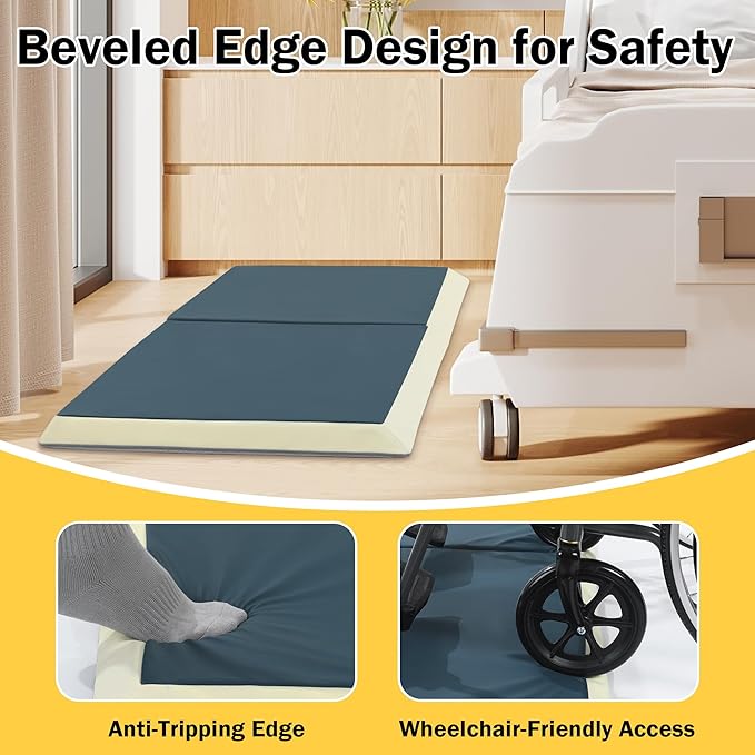 MABOZOO Fall Mat for Elderly with Glow-in-The-Dark Strips, 66"x24"x2" PU Leather Fall Mattress with Beveled Edge, Bi-Fold Bedside Safety Protection Mat for Patients, Seniors, Caregivers
