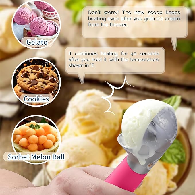 Heated Ice Cream Scoop Rechargeable, Electric Warming Ice Cream Scooper with LED Display, Heats to 158°F for Hard Ice Cream, Easy for Seniors & Kids, IP67 Waterproof (Hot Pink, 2oz)