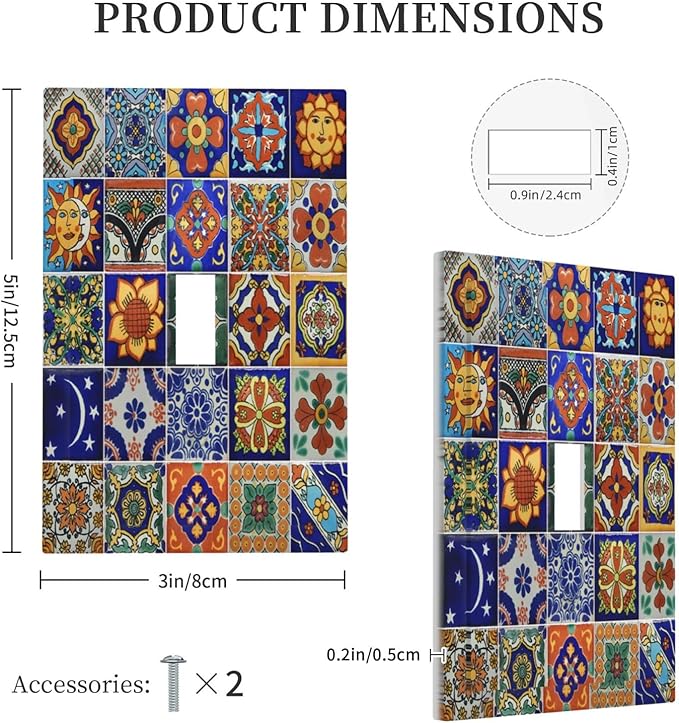 Decorative Light Switch Cover Mid Century Talavera Shaped Tiles 1 Gang Single Toggle Device Electrical Faceplate Switchplates Decorator Outlet Wall Plate for Bedroom Bathroom Decor