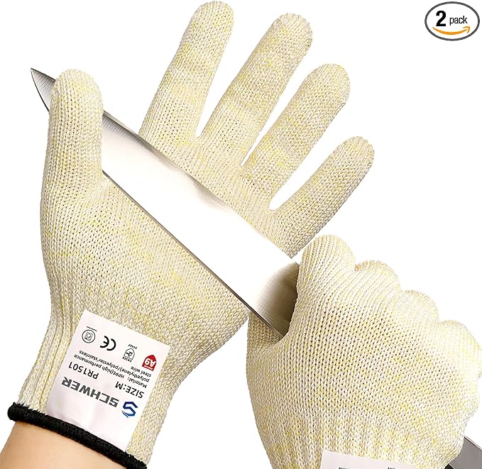 Schwer SlicePro ANSI A9 Cut Resistant Gloves, Food Grade Cutting Glove, Mandoline Gloves for Kitchen, Oyster Shucking, 2 Pairs, S, Beige