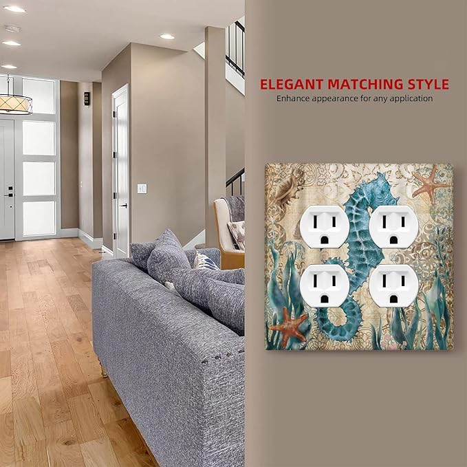Hippocampus Funny Blue Ocean Creature Outlet Covers 2-Gang Duplex Light Switch Cover Plate Decorative Gfci Wall Plate Electrical Receptacle Switch Plate Covers Plug Faceplate for Bedroom Decor