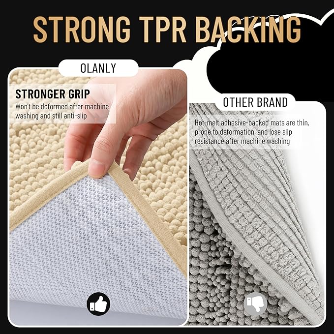 OLANLY Thick Bathroom Rugs 36x24, Extra Soft Absorbent Chenille Striped Bath Rugs, Rubber Backing, Machine Wash Dry, Bath Mats for Bathroom Floor, Tub and Shower, Home Decor Accessories, Beige