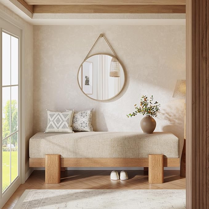 Tribesigns 55-Inch Upholstered Entryway Bench, Modern Shoe Bench with Fabric Padded Seat and MDF Frame, End of Bed Stool for Bedroom, Entrance, Living Room (Beige & Oak)