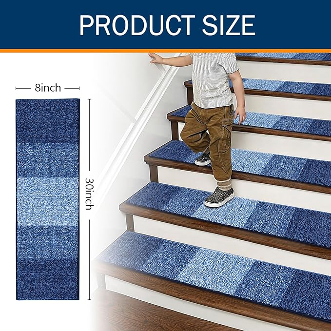 OLANLY Stair Treads Non Slip 15PCS, 8" x 30" Indoor Stair Runners for Wooden Steps, Edging Stair Rugs with Reusable Peel and Stick Adhesive for Kids Elders and Pets, Navy