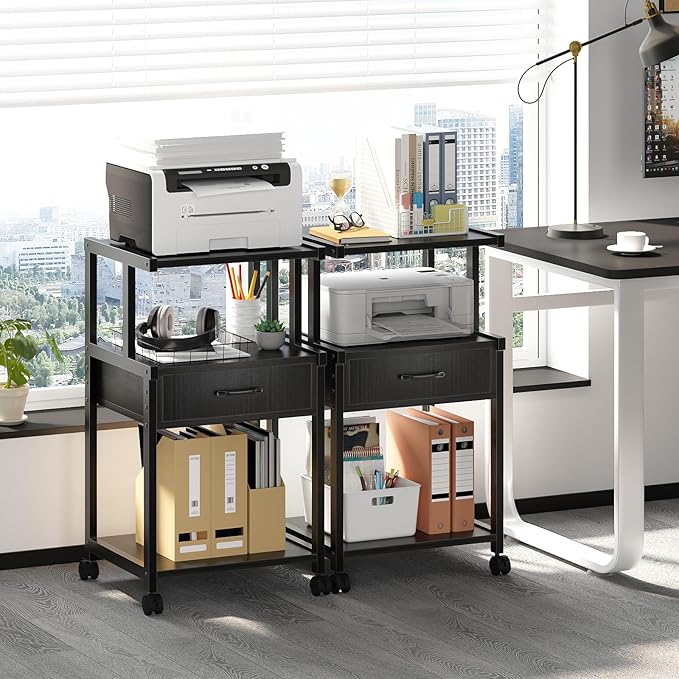 Printer Stand, 3-Tier Mobile Printer Cart, 31.5 x 14.96 x 17.72 Inches Square Printer Table with Storage Rack, Rolling Printer Table with Industrial Wheels for Home Office, Black