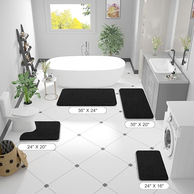 OLANLY Bathroom Rugs 40x24, Extra Soft Absorbent Chenille Bath Rugs, Rubber Backing Quick Dry, Machine Washable Bath Mats for Bathroom Floor, Tub and Shower, Home Decor Accessories, Black