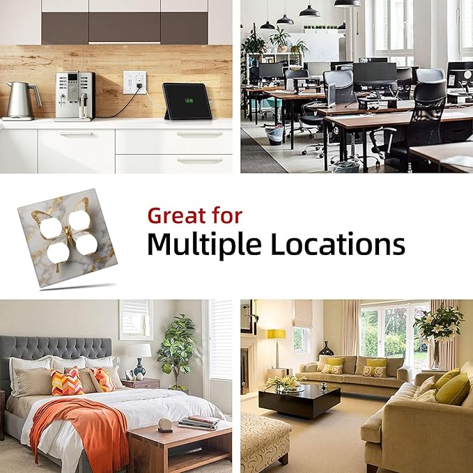 Gold Marble Shine Butterfly Abstract Modern Print Outlet Covers 2 Gang Double Duplex Decorative Light Switch Covers Electrical Wallplates Socket Faceplate for Bed Room Bathroom Decor
