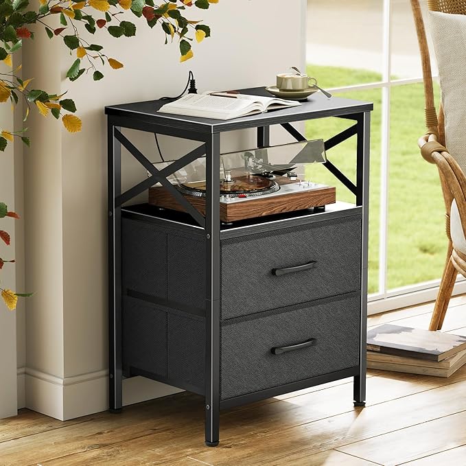 Huuger Night Stand with Charger Station, 2 Drawer Nightstand with Open Shelf, Bed Side Table with USB-C Port, End Table, Compact Size for Small Spaces, X Shaped Side Rail, Black