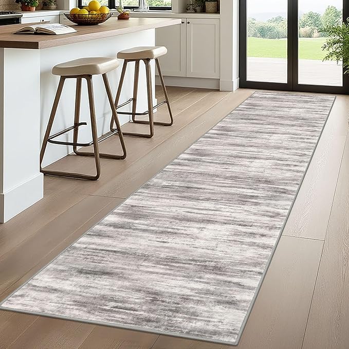 KOZYFLY Modern Abstract Washable Rug Runner 2.6x10 Hallway Rug Runner Non-Slip Soft Kitchen Runner Rugs, Grey-Beige Striped Carpet for Entryway Bathroom Laundry Room Foyer