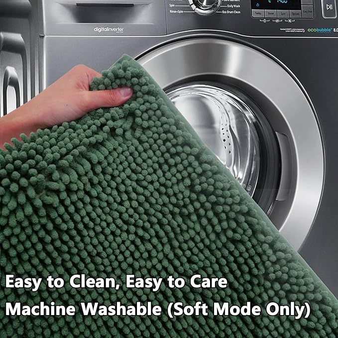BOANKODU Bathroom RugsSets 2 Piece，59X24+16X24Inch，Absorbent Non-Slip Very Soft Chenille Mat,Machine Washable（Dark Green）