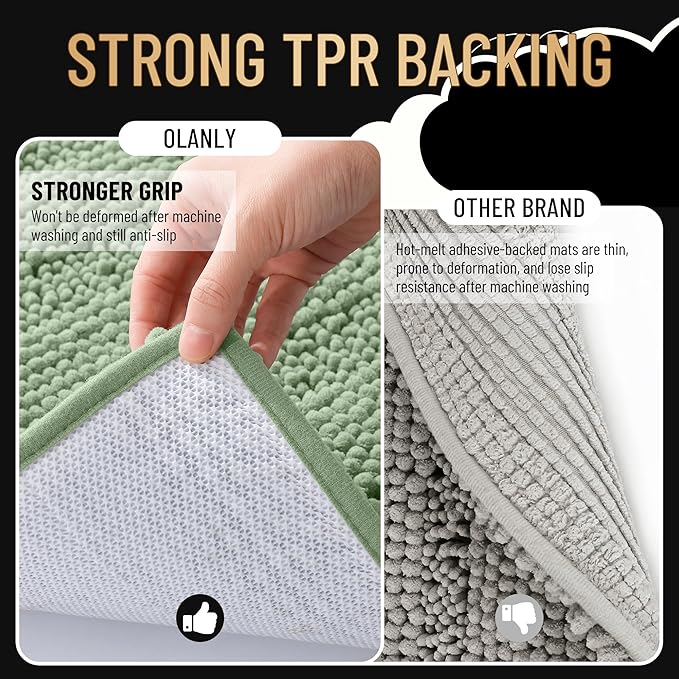 OLANLY Thick Bathroom Rugs 44x24, Extra Soft Absorbent Chenille Striped Bath Rugs, Rubber Backing, Machine Wash Dry, Bath Mats for Bathroom Floor, Tub and Shower, Home Decor Accessories, Sage Green
