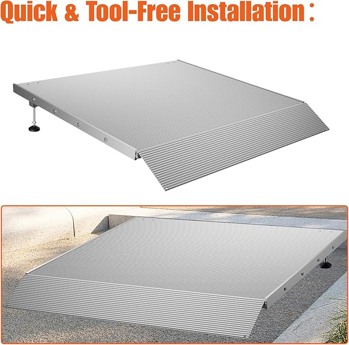 Aluminum Adjustable Threshold Ramp for Wheelchairs, 36" x 36" Doorway Ramp with 3.4"–7.2" Rise, Self-Supporting Entry Ramp for Uneven Surfaces, 880 lb Capacity with Non-Slip Mat