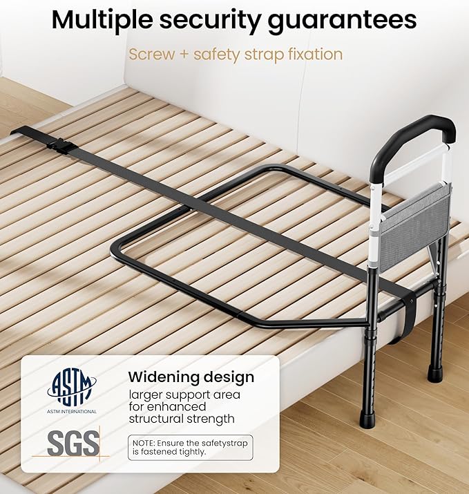 Bed Rails for Elderly Adults Safety, Adjustable Bed Assist Rail for Seniors with Storage Pouch, Widened Support Surface and Secure Legs, Holds 350 Lbs - Fits Twin, Full, Queen, King Bedsds, Black