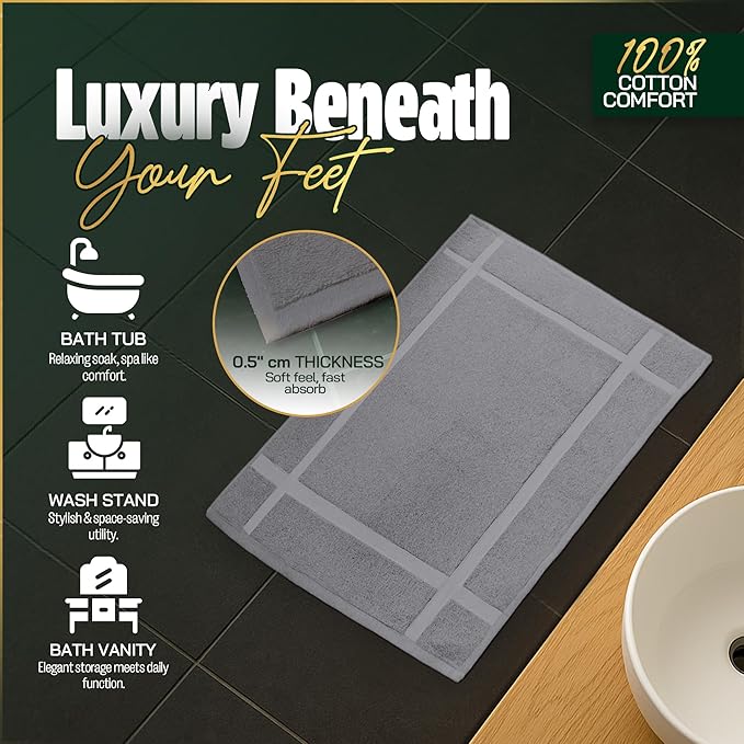 Pearl Linens 100% Ring Spun Cotton Bath Mat (Pack of 2) 18 x 25 Inch, Washable, Soft & Absorbent Terry Bathroom Floor Mat – Not Bathroom Rugs – Quick-Dry After Shower Bath Mat, 687 GSM, Light Grey