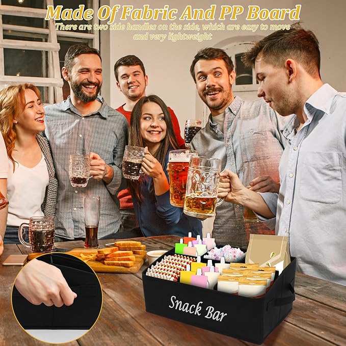 Snack Organizer for Countertop, 6 Compartment Snack Basket Container, Trapezoid Fabric Snack Bin Holder with Side Handles,Lightweight Snack Bar Station Organizer, Kitchen Pantry Storage (Black)