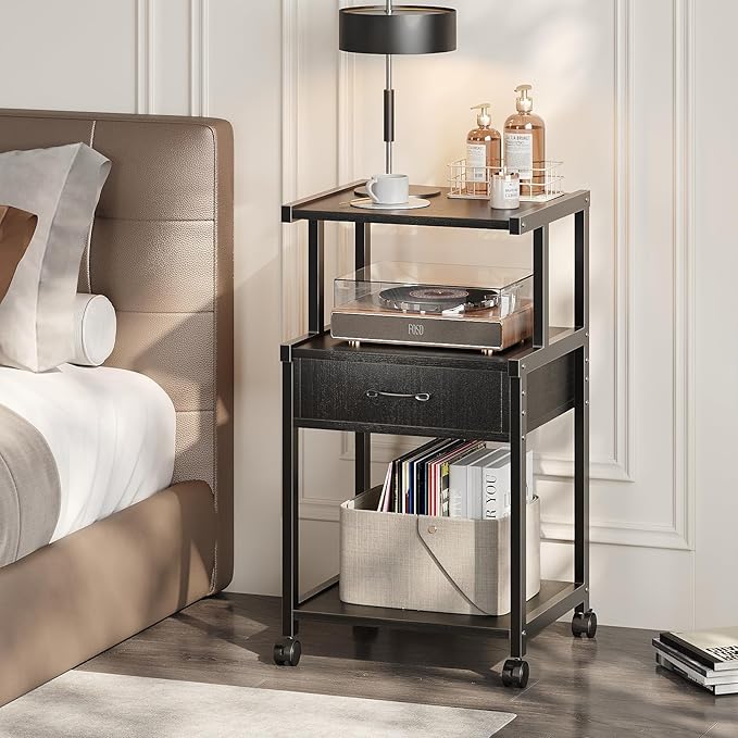Printer Stand, 3-Tier Mobile Printer Cart, 31.5 x 14.96 x 17.72 Inches Square Printer Table with Storage Rack, Rolling Printer Table with Industrial Wheels for Home Office, Black