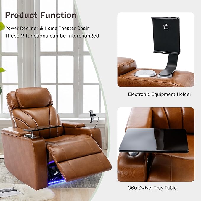 Zero Wall Power Recliner with Bluetooth Speaker & USB Ports - Home Theater Electric Recliner Chair with Cup Holder, Arm Storage, LED Lights, Phone Holder & Removable Tray Table