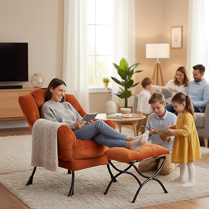 Lazy Chair with Folding Ottoman, Modern Accent Lounge Armchair with Armrests, a Side Pocket & Foldable Footstool, Leisure Reading Chair for Living Room, Bedroom, Dorm & Office, Velvet Orange