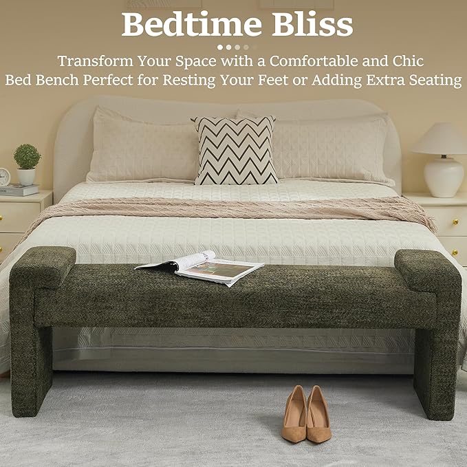 58.7" End of Bed Bench Upholstered Modern Bedroom Bench for Living Room & Entryway, Easy Assembly, Footrest Ottoman Accent Window Bench with Solid Wood Frame & Curved Arm, Green
