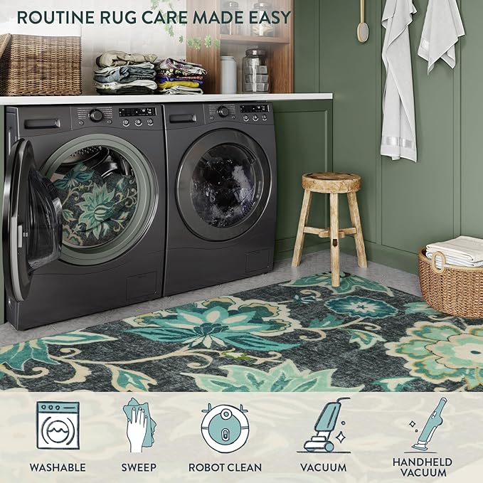 Lahome Floral Washable Rugs Runners - 2x4 Area Rug Low-Pile Non-Slip Rugs for Entryway Runner Small Throw Soft Bathroom Rug Runner Bedside Rug, Boho Blue Paisley Carpet Runners for Hallway Kitchen